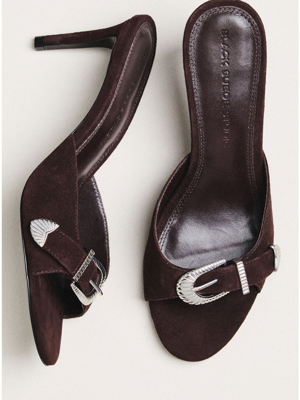 Black Suede Studio Elena Buckle Mule Heels in Hot Fudge Suede